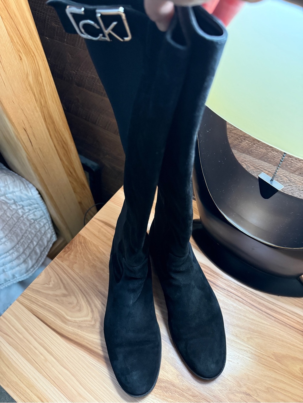 Calvin Klein Black Suede Knee High Boots with CK Logo